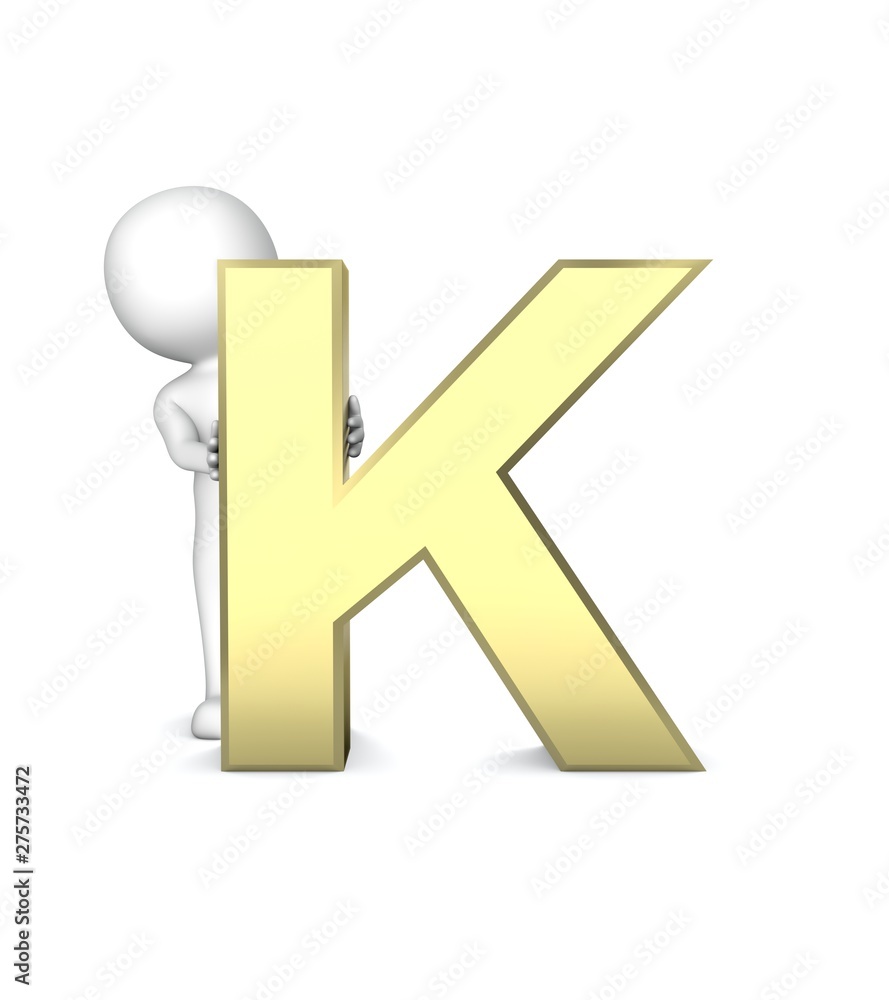 3D Human standing behind of the ''K'' letter symbol. 3D Rendering. 3D Human standing behind of the ''K'' letter symbol. 3D Rendering.