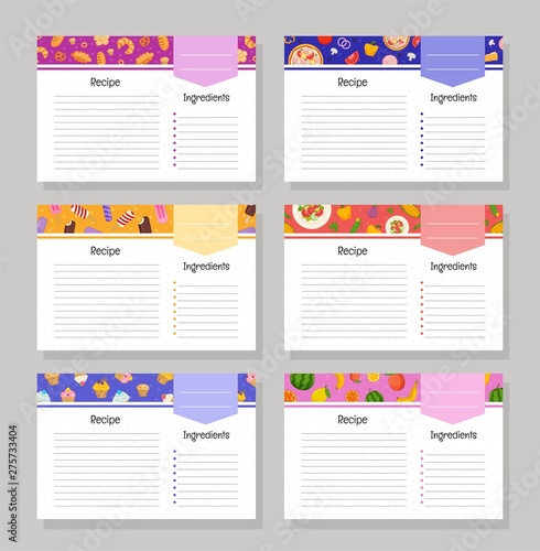 Vector set of cards for recipes. Template for cookbook.