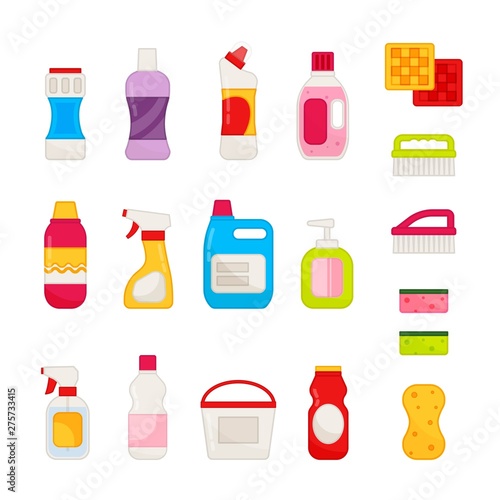 Vector set of household chemicals. Illustration of various cleaning products, sponges, rags, brushes.