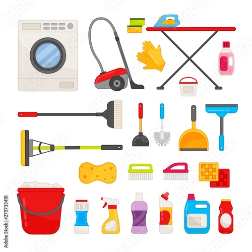 Vector set of tools for cleaning. Illustration of household chemicals, mop, broom, brush. Equipment for cleaning the house.