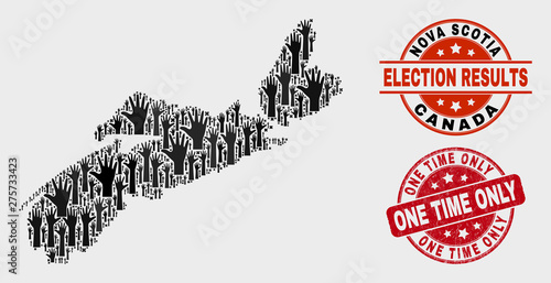 Democracy Nova Scotia Province map and seal stamps. Red round One Time Only grunge seal. Black Nova Scotia Province map mosaic of upwards ballot hands. Vector composition for referendum results,