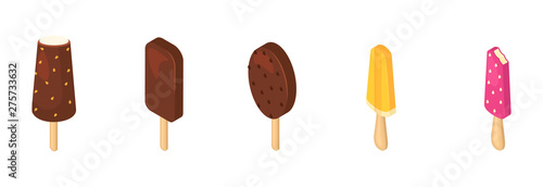 Ice cream vector icecream in cone with chocolate vanilla and iced creamer dessert on scoop illustration icing candy icy cream isometric set isolated on white background