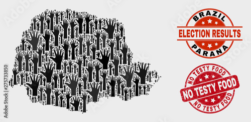 Election Parana State map and watermarks. Red round No Testy Food textured seal stamp. Black Parana State map mosaic of raised decision arms. Vector collage for election results,