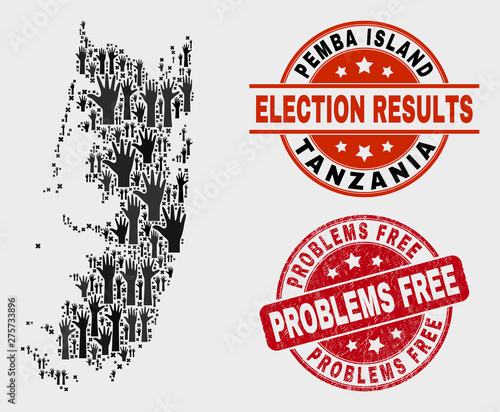Ballot Pemba island map and seal stamps. Red rounded Problems Free scratched seal stamp. Black Pemba island map mosaic of upwards referendum hands. Vector combination for ballot results,