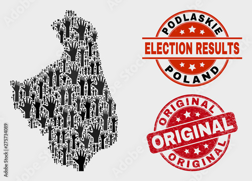 Election Podlaskie Voivodeship map and seal stamps. Red round Original grunge seal stamp. Black Podlaskie Voivodeship map mosaic of upwards referendum arms. Vector collage for referendum results,