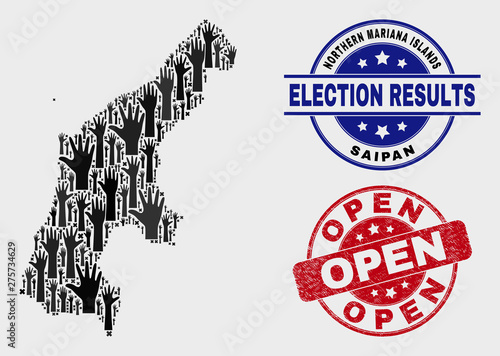 Voting Saipan Island map and seals. Red rounded Open scratched seal stamp. Black Saipan Island map mosaic of raised voting hands. Vector composition for referendum results, with Open seal stamp.
