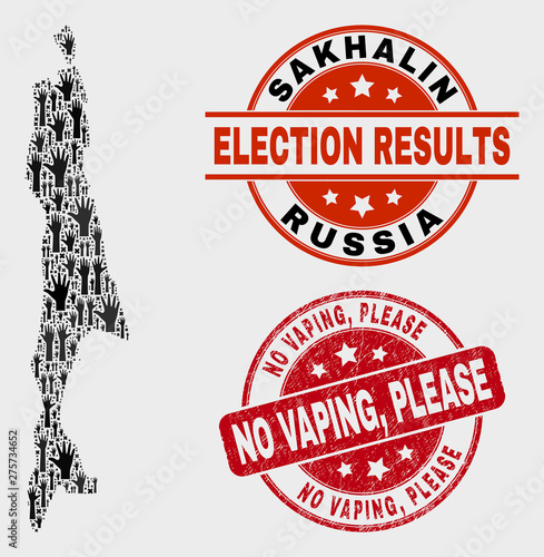 Electoral Sakhalin Island map and seal stamps. Red rounded No Vaping, Please textured seal. Black Sakhalin Island map mosaic of raised solution arms. Vector combination for referendum results,