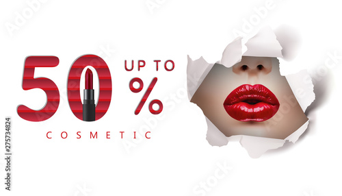 Lips of young beauty woman with red lipstick from paper hole , For Sale discount, Poster Banner Background, Sign and symbol. Luxury unique style,  Vector illustration