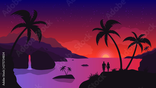 Exotic vacation on the ocean, a man and a woman watching the sunset, vector illustration in flat style, 10 eps