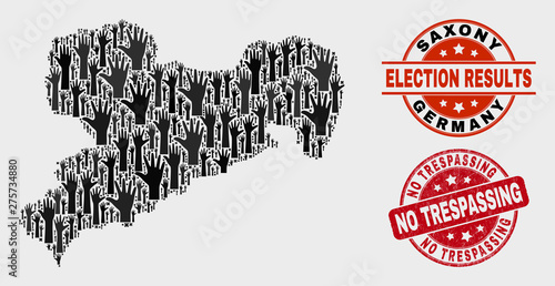 Electoral Saxony Land map and seal stamps. Red rounded No Trespassing grunge seal stamp. Black Saxony Land map mosaic of upwards electoral hands. Vector collage for referendum results,