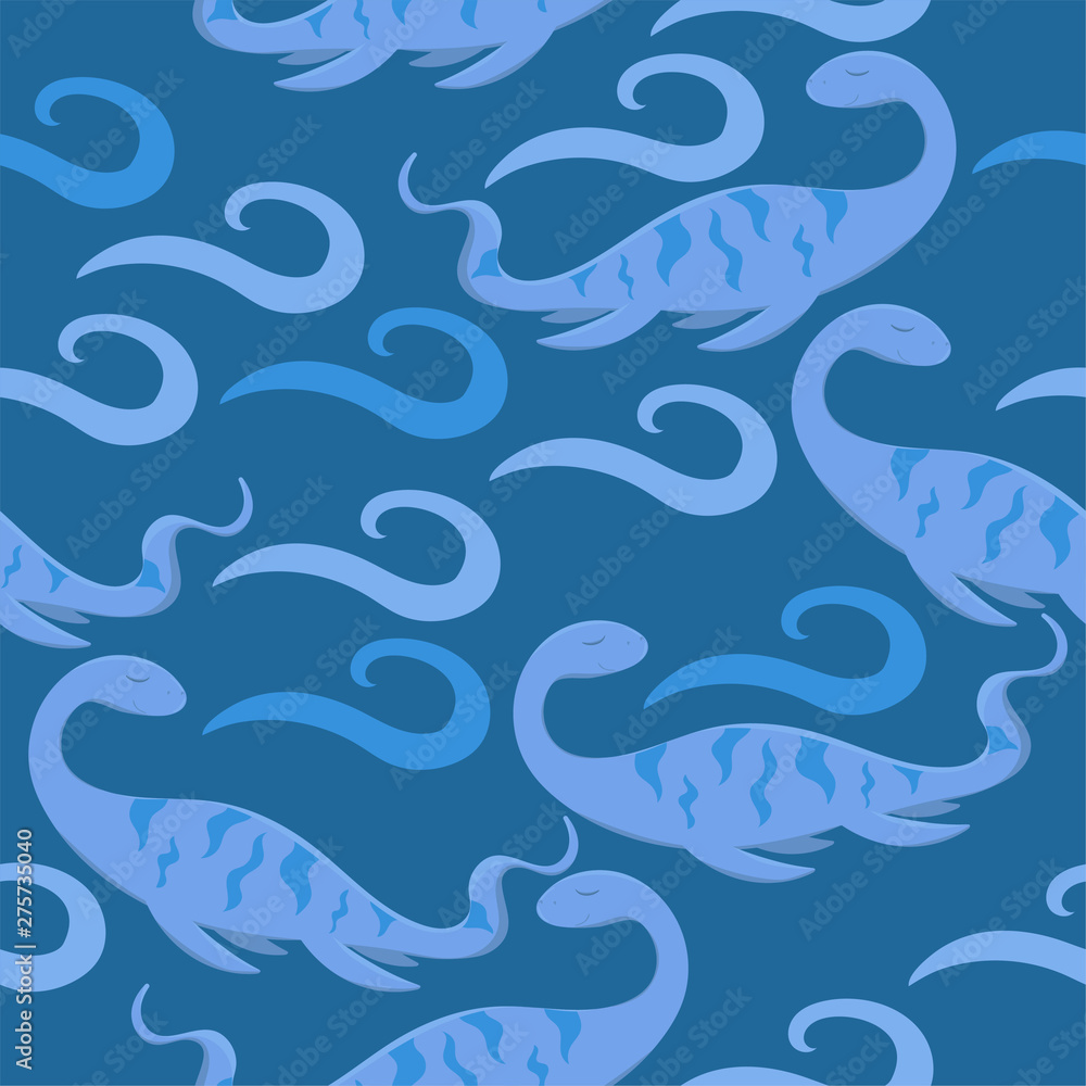 Seamless texture with elasmosaurusin the sea. Vector illustration.