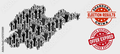 Poll Shandong Province map and stamps. Red round Offer Expired grunge seal stamp. Black Shandong Province map mosaic of raised up voting hands. Vector collage for referendum results,
