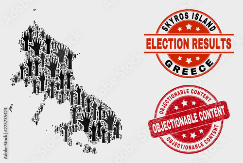 Patriotic Skyros Island map and seal stamps. Red round Objectionable Content grunge stamp. Black Skyros Island map mosaic of raised decision arms. Vector composition for referendum results,