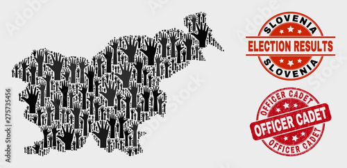 Electoral Slovenia map and seals. Red round Officer Cadet textured seal stamp. Black Slovenia map mosaic of upwards vote arms. Vector combination for ballot results, with Officer Cadet seal stamp.