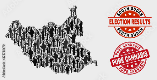 Ballot South Sudan map and seal stamps. Red rounded Pure Cannabis textured seal stamp. Black South Sudan map mosaic of upwards support arms. Vector collage for referendum results,