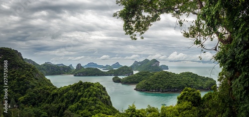 Panorama of the vast sea with islands. From Ko Wua Ta Lap first level view point, in Mu Ko Ang Thong National Park, Surat Thani, Thailand.