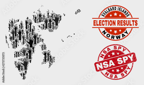 Democracy Svalbard Islands map and seal stamps. Red round NSA Spy scratched seal stamp. Black Svalbard Islands map mosaic of raised decision hands. Vector collage for ballot results,