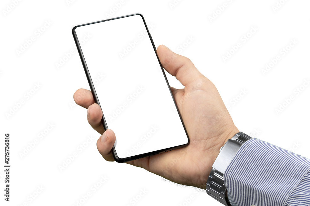 smartphone in the hands of a business man on a white isolated background
