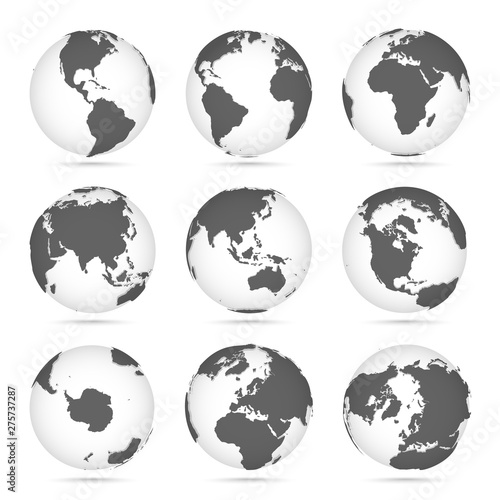 Globe set gray and white, vector icons Earth with outline continents. Gray continent and white water.