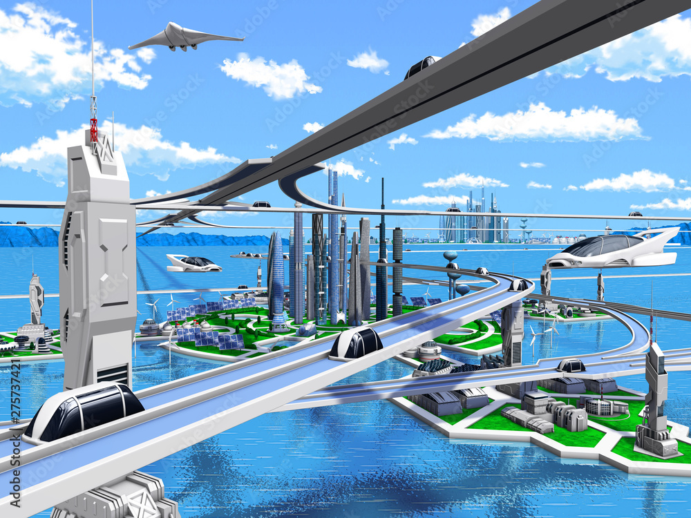 Futuristic ocean city 1. 3d render Stock Illustration | Adobe Stock