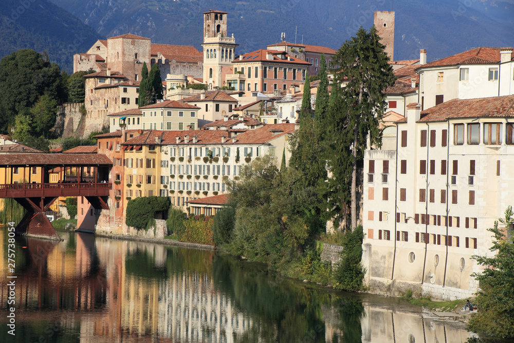 historic centre of Bassano del Grappa on riverside of Italy