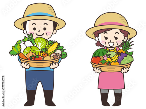 農家の男女と収穫物