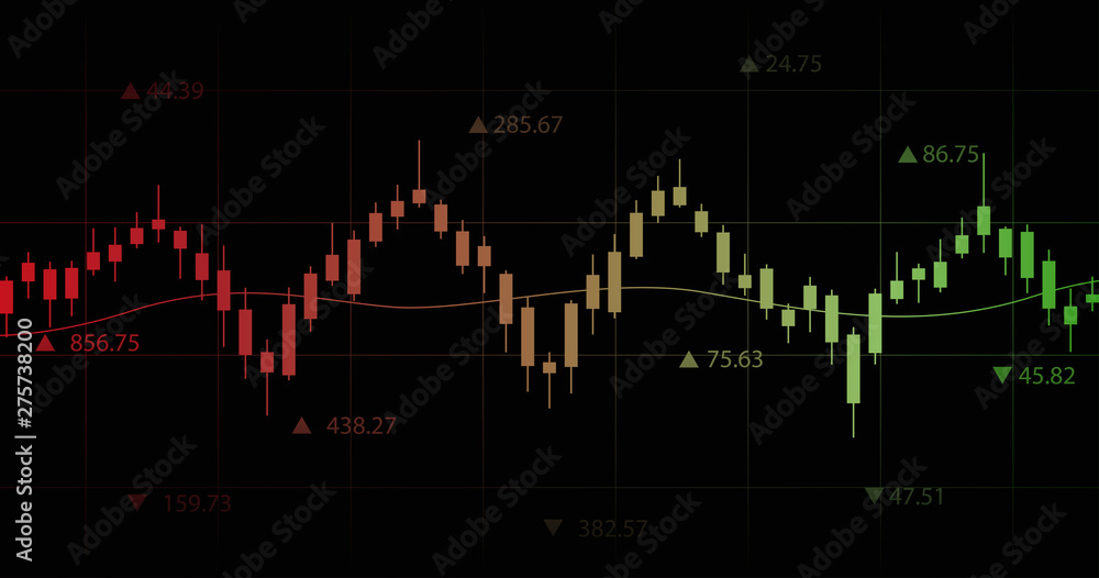 Widescreen Abstract financial chart with candlestick graph and numbers on black color background