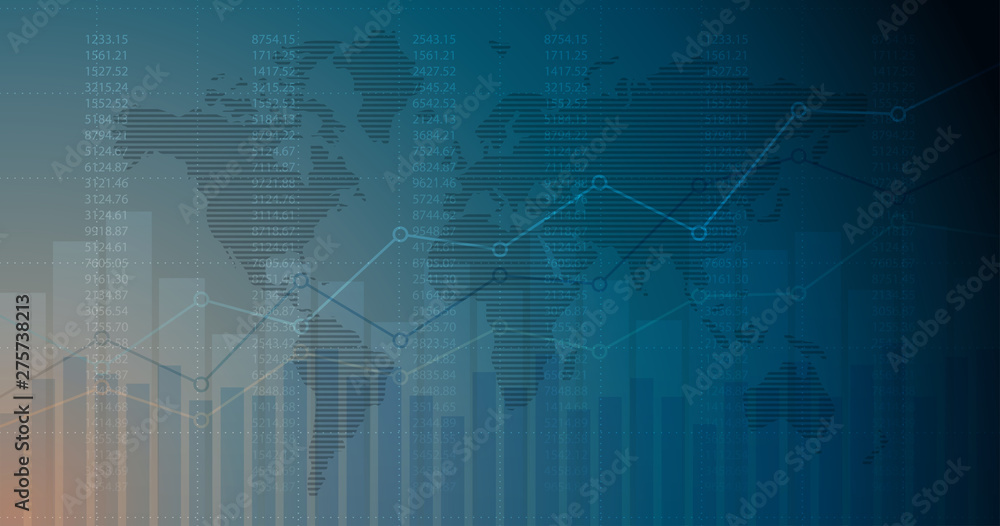 Widescreen Abstract financial graph with uptrend line and world map in stock market on blue color background