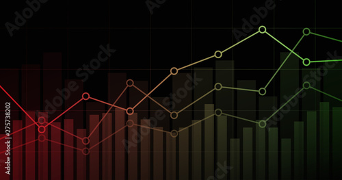 widescreen abstract financial graph with uptrend line and bar chart in stock market on black color background