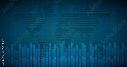 Widescreen Abstract financial graph with bar chart and world map with number on blue color background