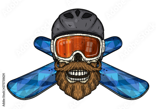 Skull. Bearded skull in sports helmet, ski goggles and crossed snowboard. Cartoon skull.