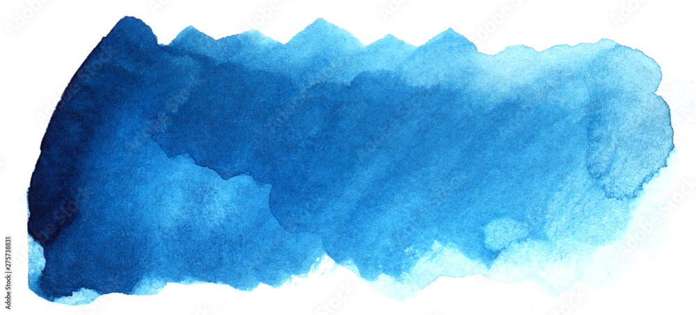 Fototapeta premium Abstract headline background. A shapeless oblong spot of blue color. Gradient from dark to light. Hand drawn watercolor illustration on texture paper. isolate on white