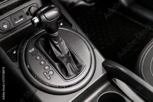 Close up of the automatic gearbox lever, blackinterior car  Automatic transmission gearshift stick  © Виталий Сова