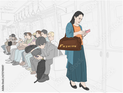 Hand drawn illustration. People ride the subway in a big city.