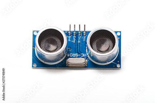 Ultrasonic sensor for Arduino, front view on white background