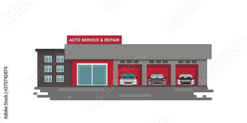 Auto car service and repair center or garage with cars isolated on white.
