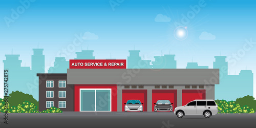Auto car service and repair center or garage with cars.