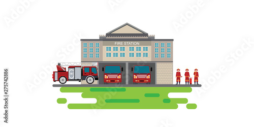 Fire station building with emergency vehicle fire engine truck and fire man icon isolated background.