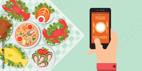 Food delivery app on a smartphone with foods.