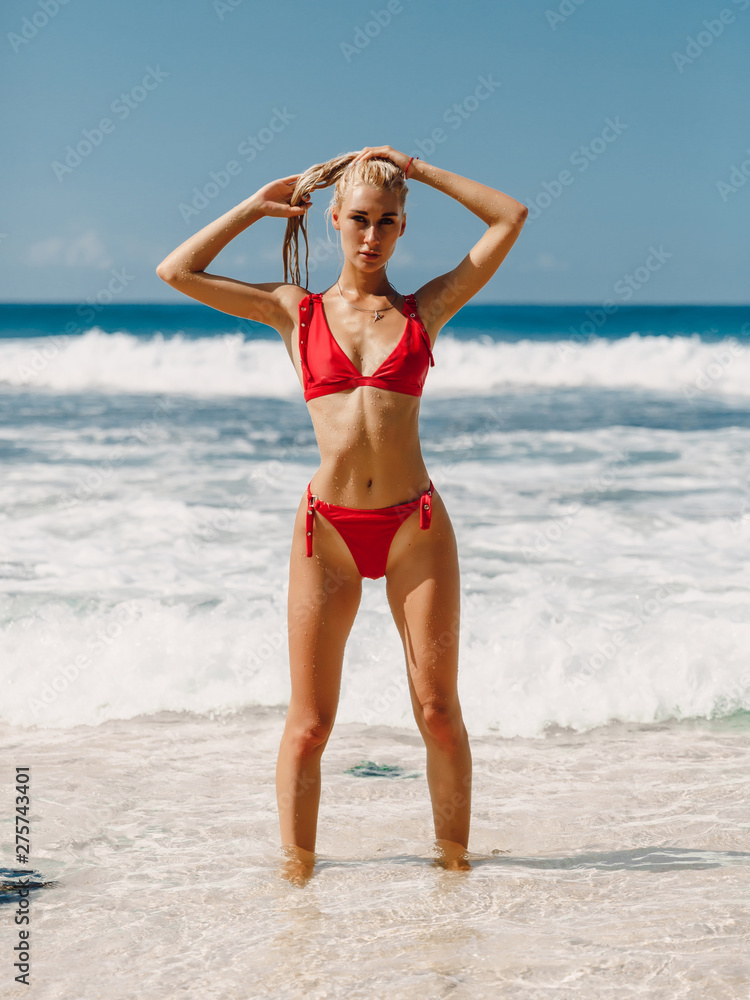 Young Woman without Bra on the Tropical Beach of Bali Island. Bikini Girl  Freedom Concept. Indonesia. Stock Photo - Image of brunette, fashion:  97514276