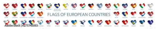 Collection of vector flags of Europe in the form of hearts