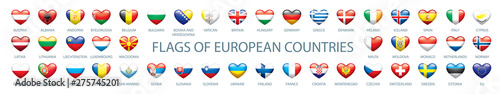 Collection of vector flags of Europe in the form of hearts