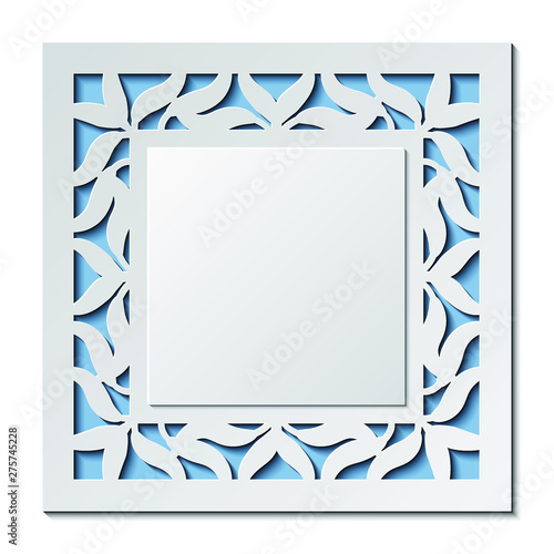 Laser cut template of wedding invitation. Square card with abstract leaves. Vector illustration background. White 3D paper cut silhouette for Valentine's day. Panel for wood carving, diecut pattern.