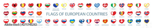 Collection of vector flags of Europe in the form of hearts
