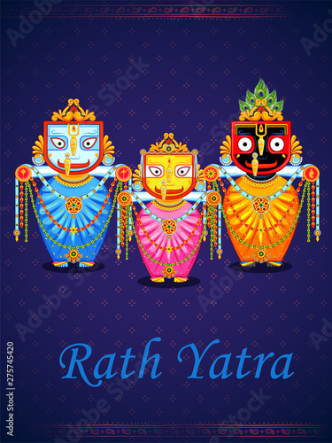 illustration of Lord Jagannath, Balabhadra and Subhadra on annual Rathayatra in Odisha festival background