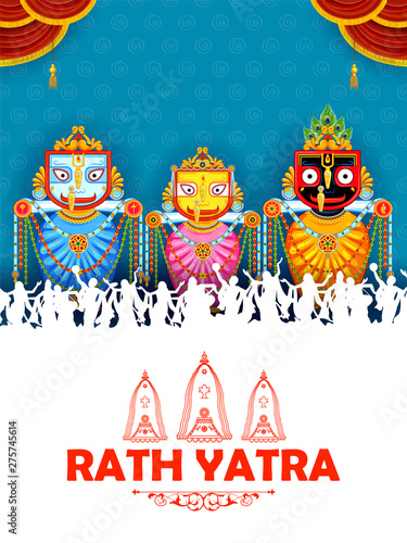 illustration of Lord Jagannath, Balabhadra and Subhadra on annual Rathayatra in Odisha festival background