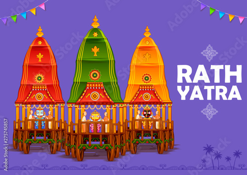 illustration of Lord Jagannath, Balabhadra and Subhadra on annual Rathayatra in Odisha festival background