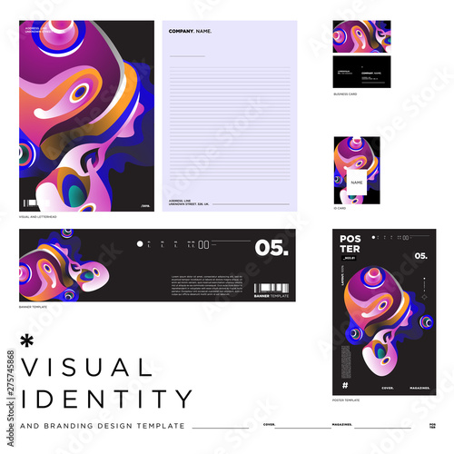 Stationery Corporate Brand Identity Mockup set with Colorful Abstract Fluid Background. Vector Illustration Mock up for Branding, product, event, banner, website.