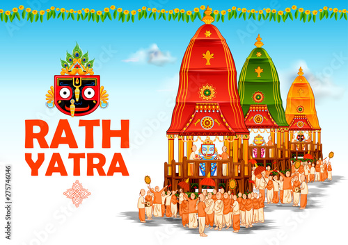 illustration of Lord Jagannath, Balabhadra and Subhadra on annual Rathayatra in Odisha festival background