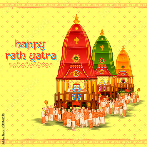 illustration of Lord Jagannath, Balabhadra and Subhadra on annual Rathayatra in Odisha festival background